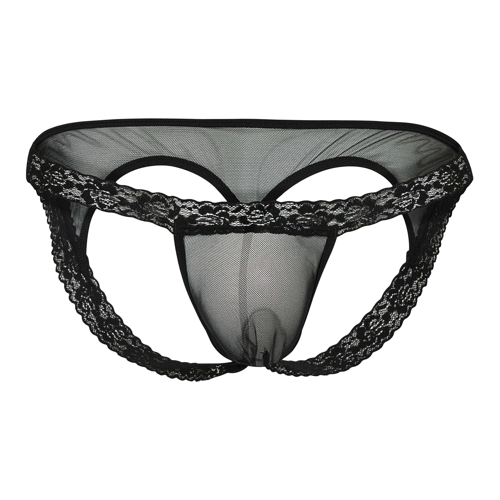 The image shows a pair of black lace men's underwear made of sheer mesh fabric, featuring a decorative lace waistband and open-back design.