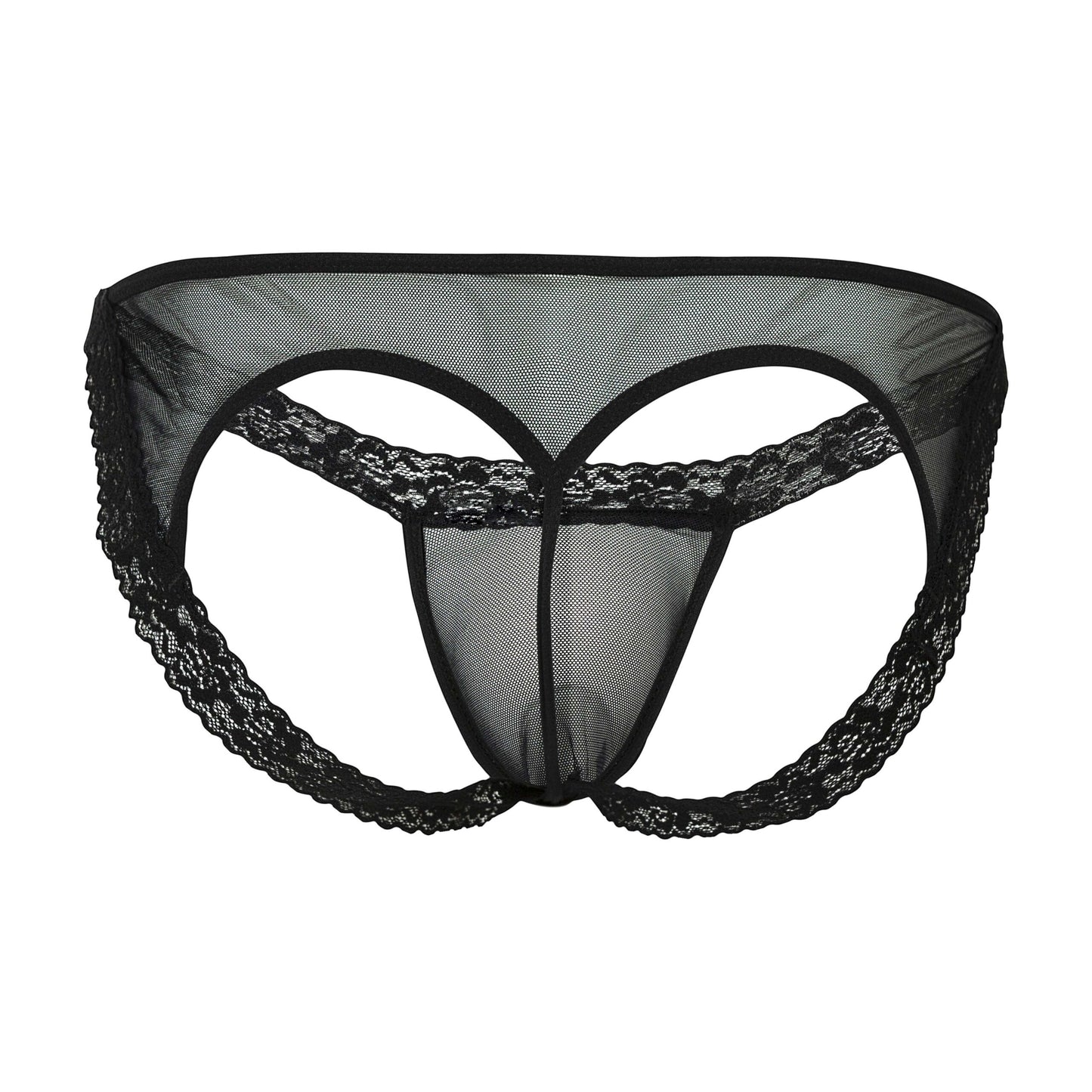 The image shows a pair of black lace men's underwear with a sheer mesh fabric and an open-back cutout design.