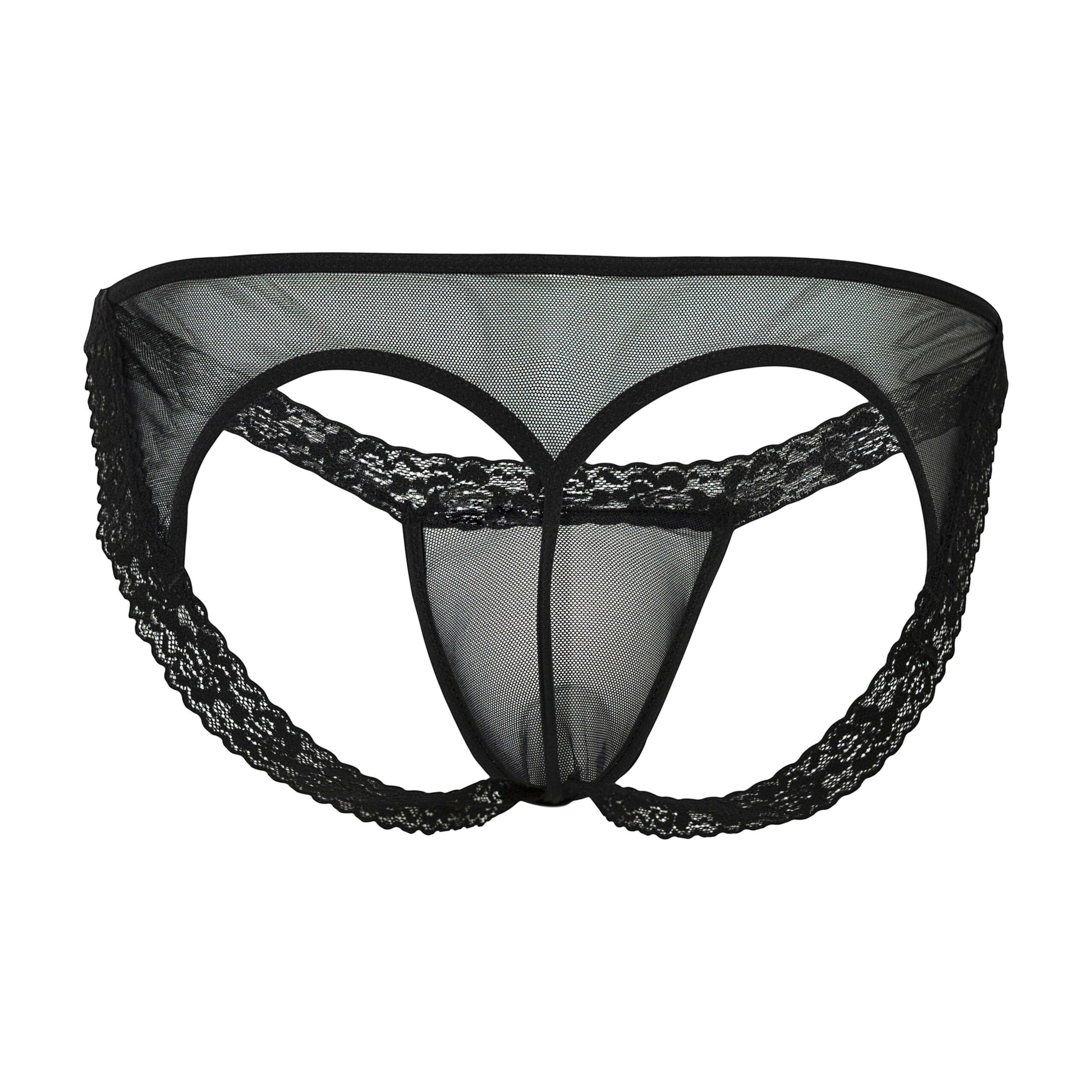 The image shows a pair of black lace men's underwear with a sheer mesh fabric and an open-back cutout design.