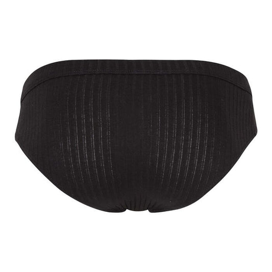 Black ribbed thong-style underwear, back view.