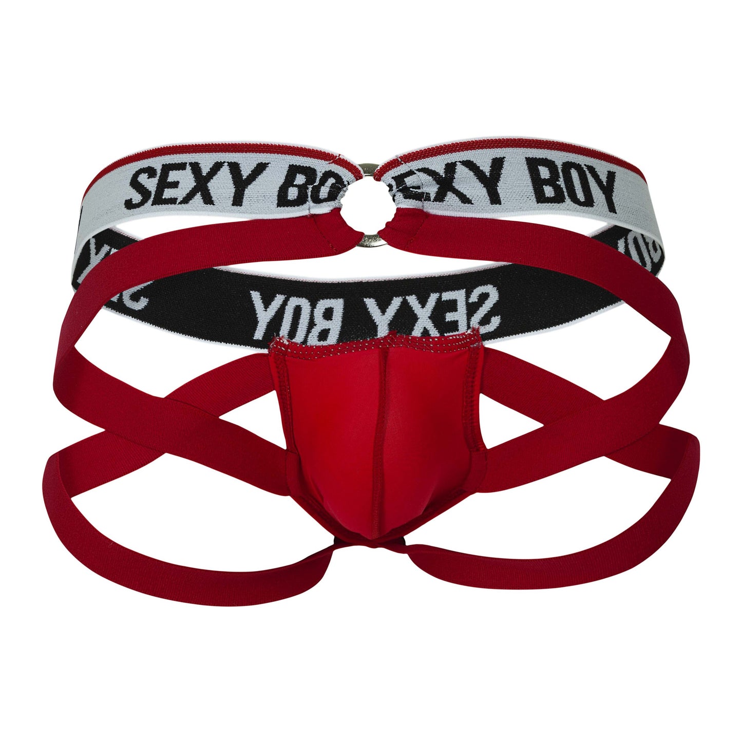 Jockstrap rojo con tiras cruzadas y cinturilla "SEXY BOY".