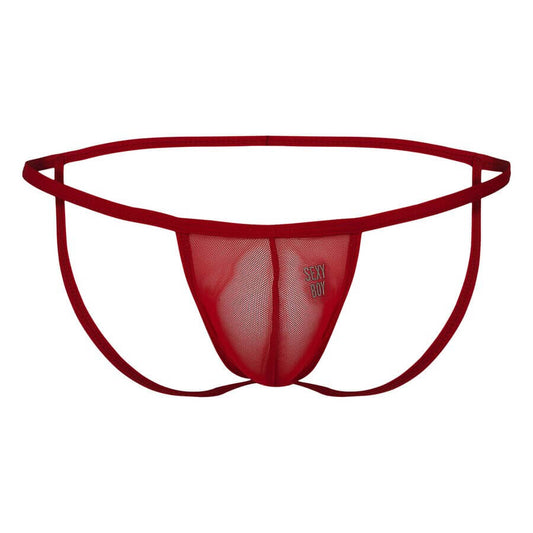 Red mesh micro thong underwear with "SEXY BOY" text, front view.