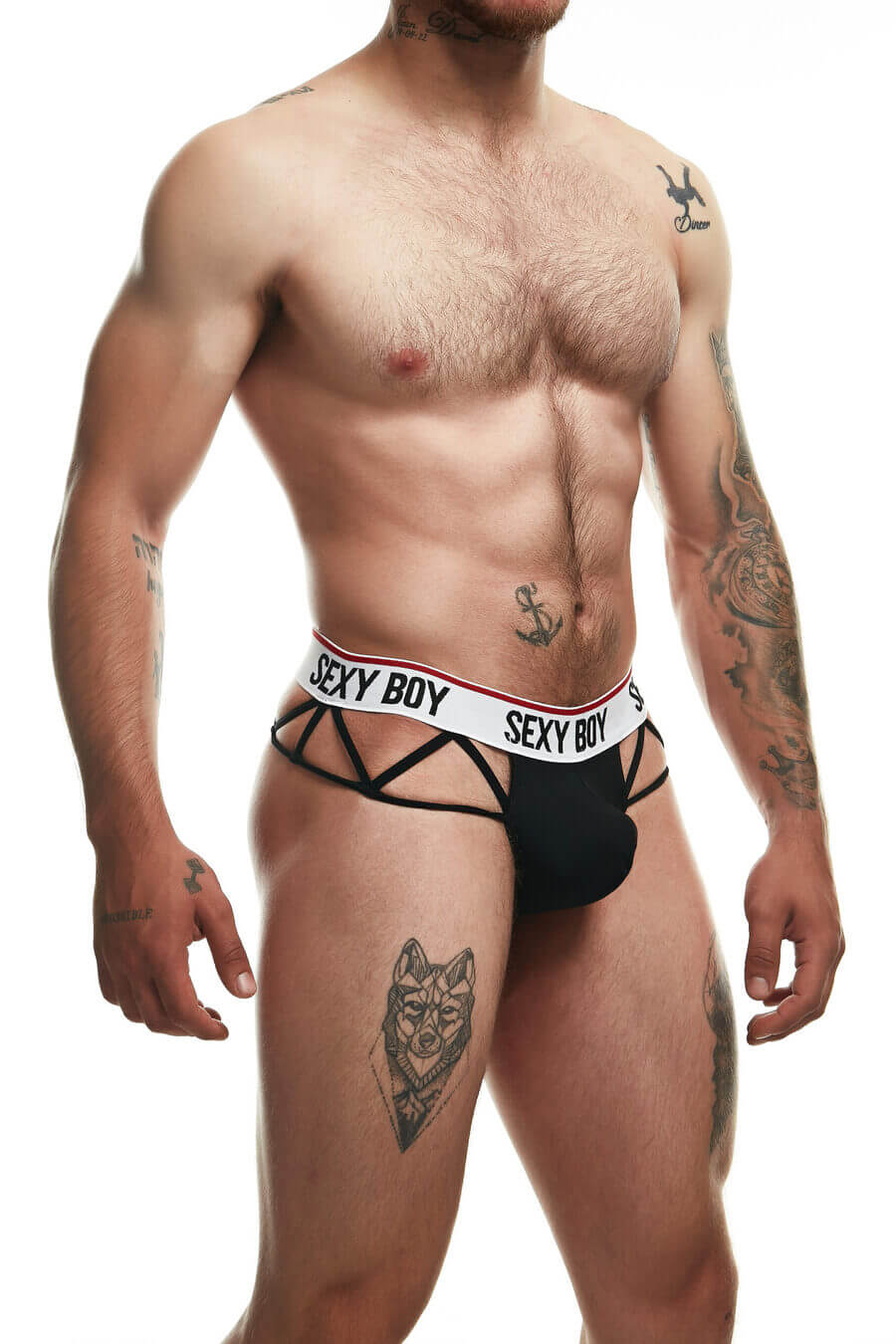 Men’s black brief with “SEXY BOY” waistband and edgy strap accents.