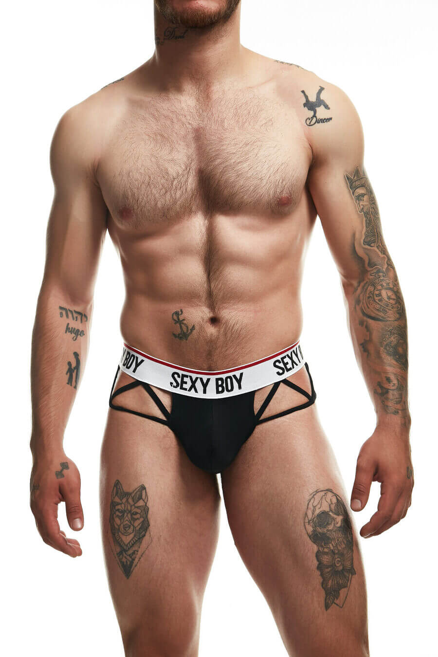 Men’s black brief with “SEXY BOY” waistband and side strap cut-outs.