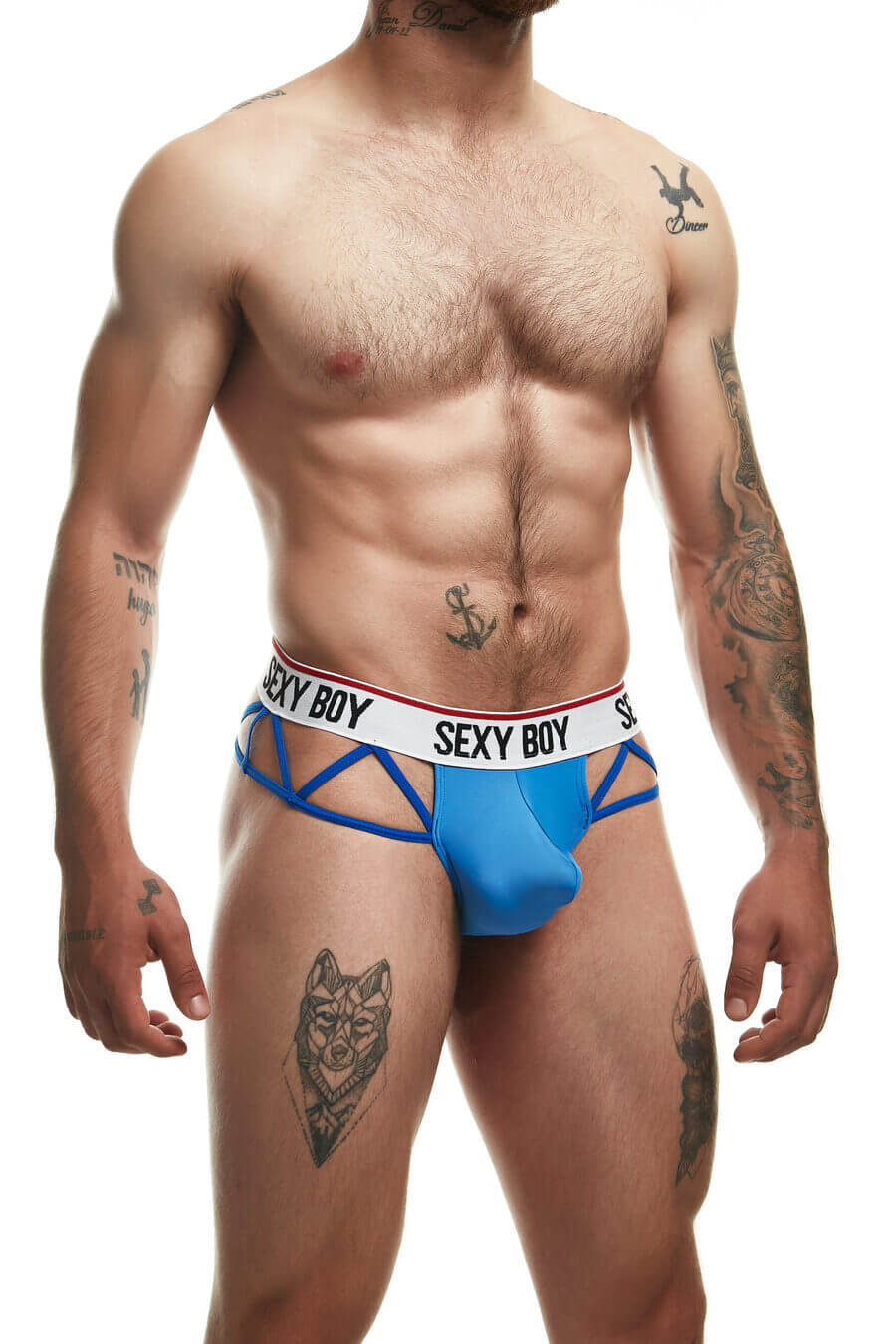 Men’s blue brief with “SEXY BOY” waistband and bold side strap details.
