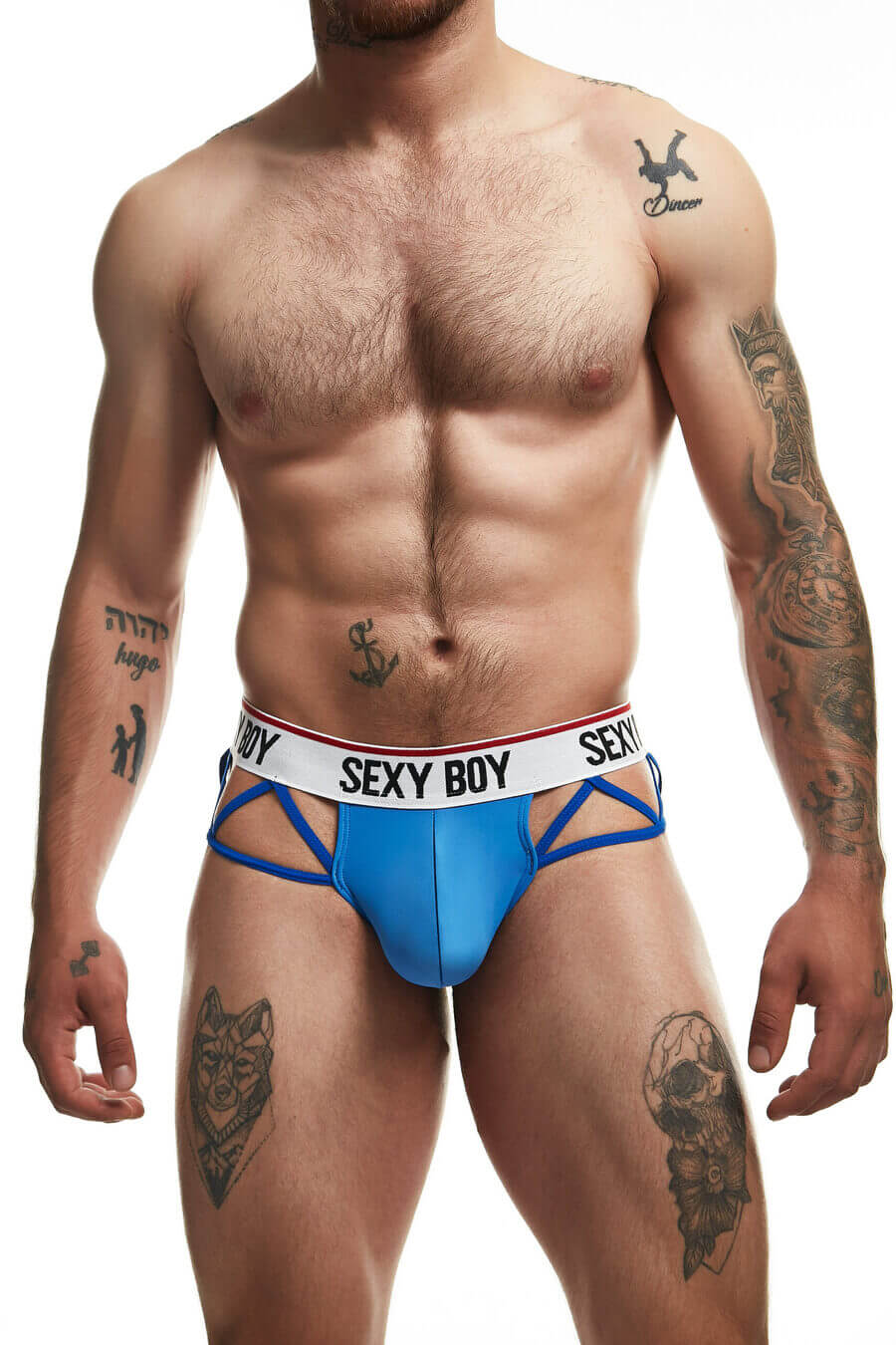 Men’s blue brief with “SEXY BOY” waistband and side cut-out straps.
