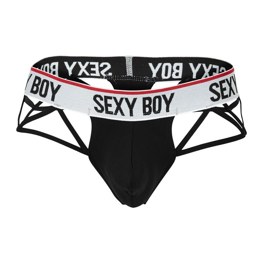Black “SEXY BOY” brief with bold waistband and side strap design.