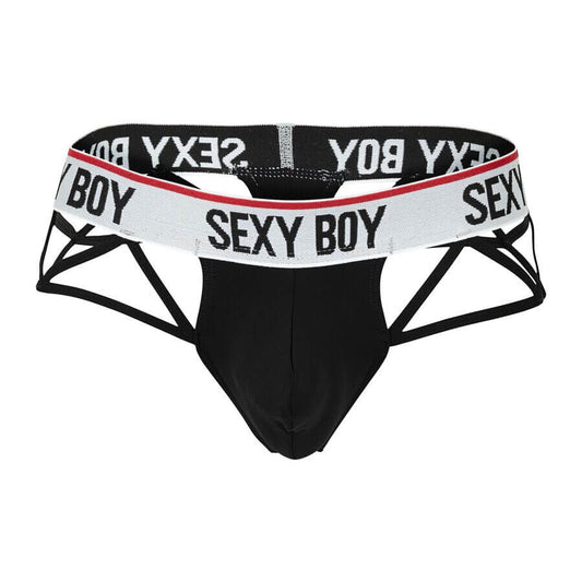 Black “SEXY BOY” brief with bold waistband and side strap design.