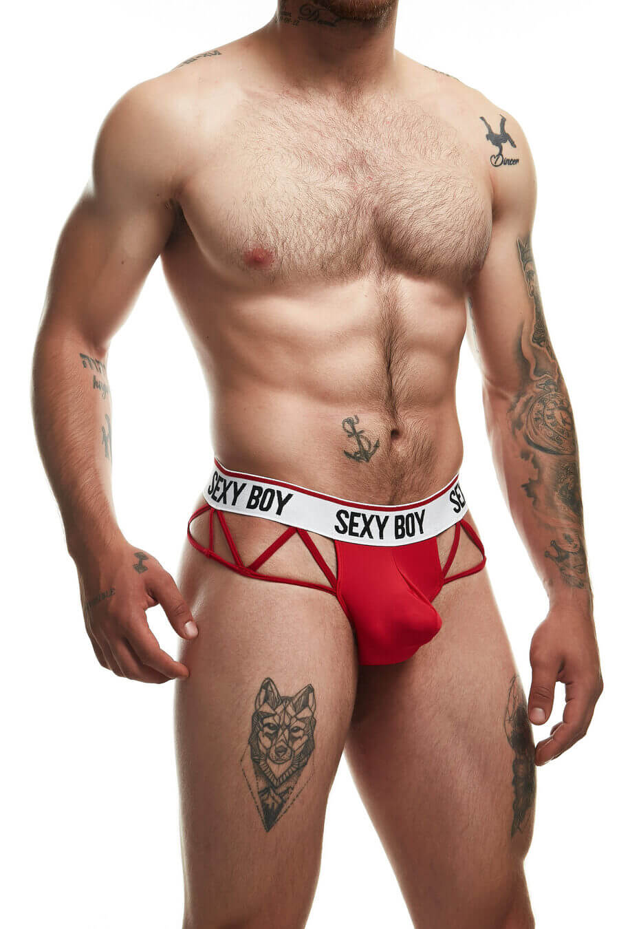 Men’s red brief with “SEXY BOY” waistband and side cut-out straps for a daring look.