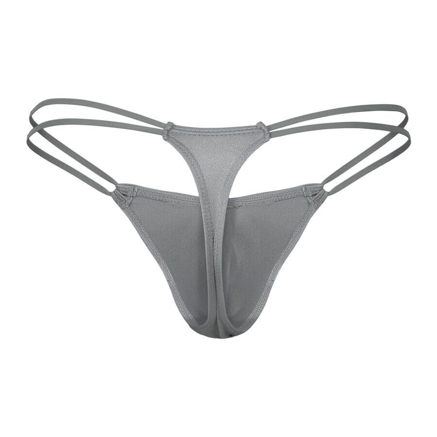 Men’s gray thong with minimal back coverage and double side straps.