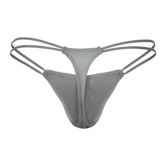 Men’s gray thong with minimal back coverage and double side straps.