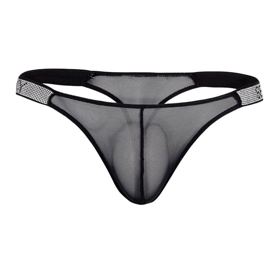 Black sheer thong with rhinestone-studded side straps featuring the word “SEXY” in black lettering.