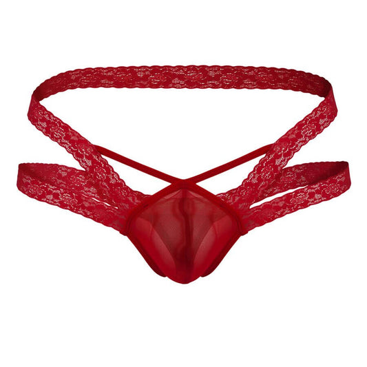This image shows a red lace men's thong with a double waistband design and a mesh front pouch. The straps cross at the front, adding a decorative and supportive feature.
