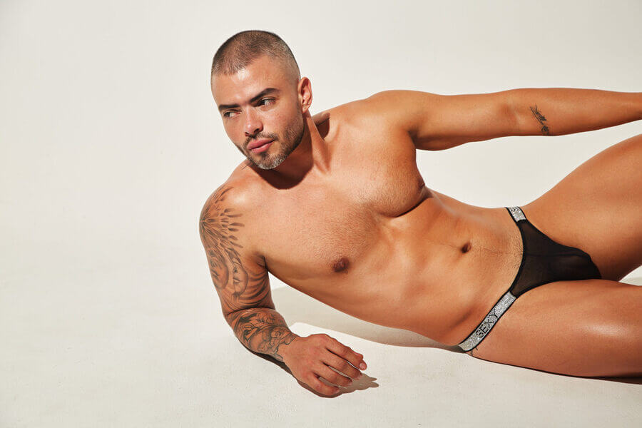 Black sheer thong with silver glitter waistband.