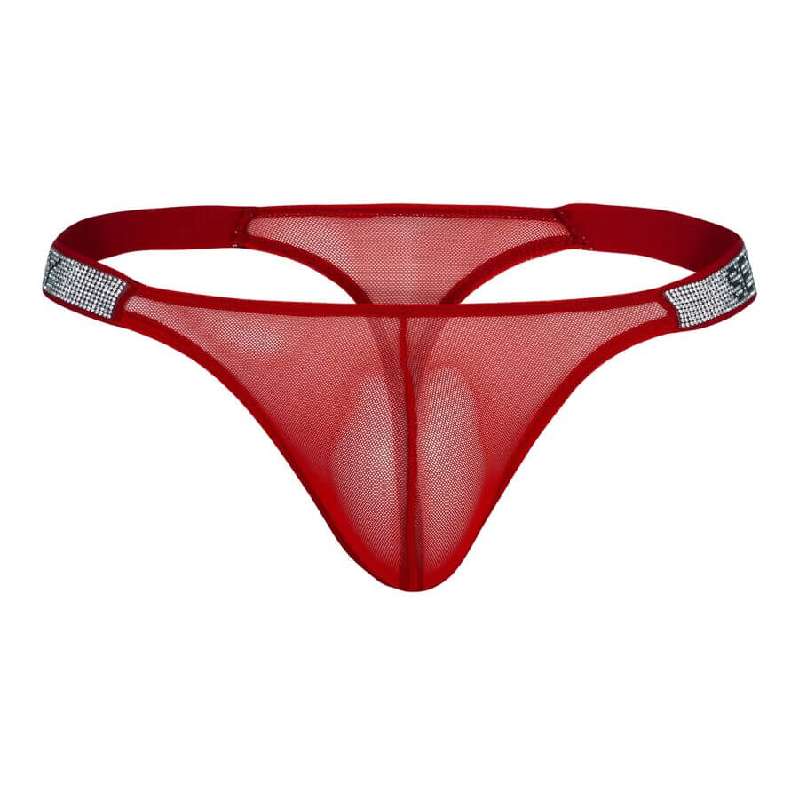 Red sheer thong with rhinestone-studded side straps featuring the word “SEXY” in silver lettering.