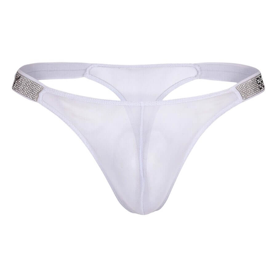 White sheer thong with silver rhinestone side accents.