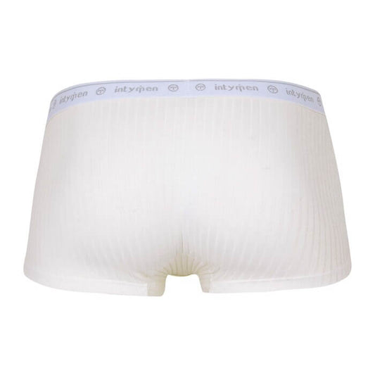 Back view of white boxer briefs with a white logo waistband.