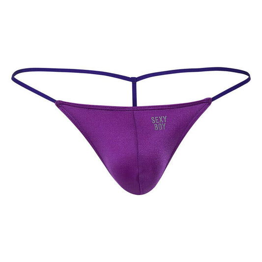 Front view of a purple micro G-string for men, featuring ultra-thin straps and a small "SEXY BOY" logo on the pouch.