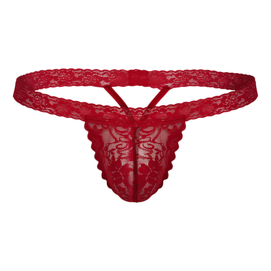 Red lace thong, front view.