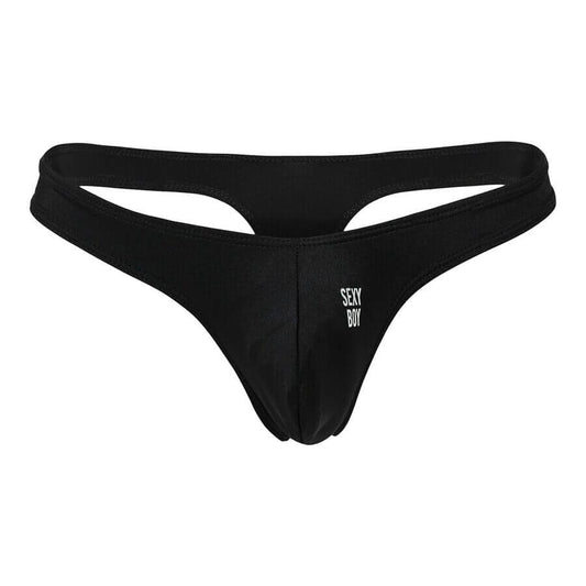 Men’s black thong with a minimal front pouch design, featuring the white text “SEXY BOY” printed on the left side.