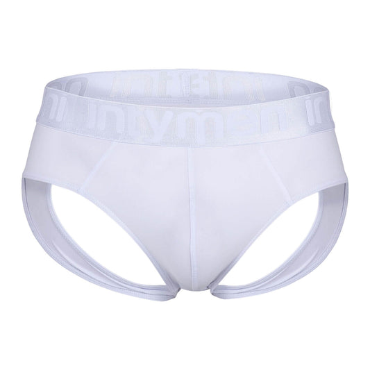 Front view of white Intymen jockstrap with logo waistband laid flat.