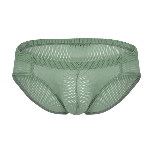 Green mesh brief with contour pouch and breathable perforated fabric design, front view.
