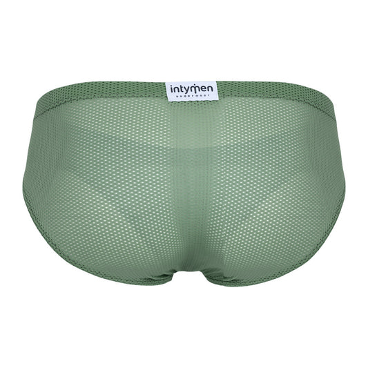 Green mesh brief back view featuring full rear coverage and breathable perforated fabric, with "intymen underwear" label at the waistband center.
