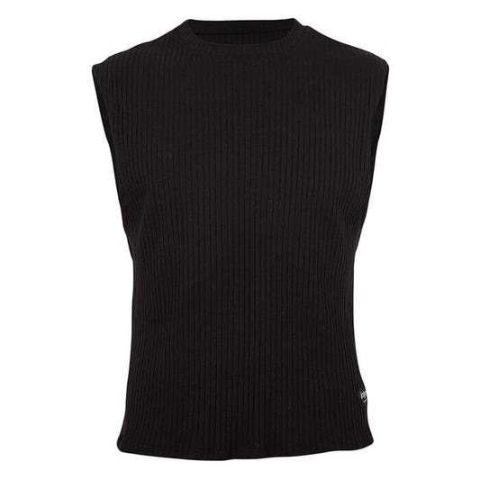 Sleeveless black ribbed top, front view.