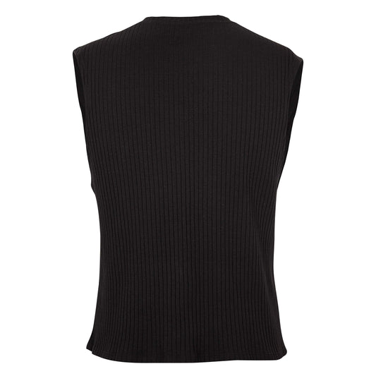 Sleeveless black ribbed top, back view.