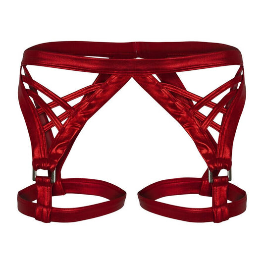 Front view of red strappy men’s harness underwear with a lattice design and thigh straps.
