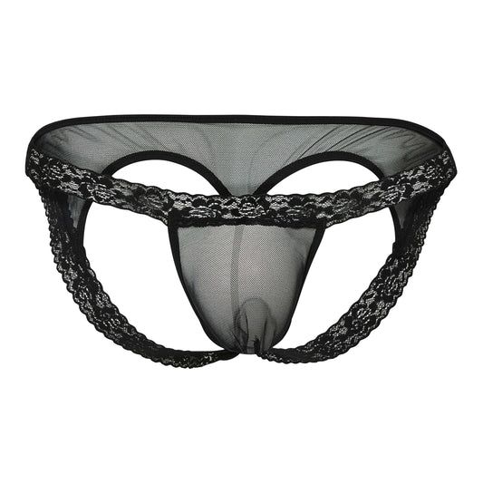 The image shows a pair of black lace men's underwear made of sheer mesh fabric, featuring a decorative lace waistband and open-back design.
