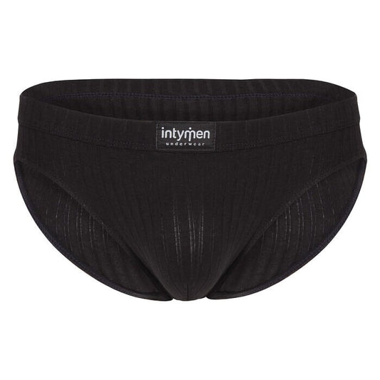 Black ribbed thong-style underwear, front view.