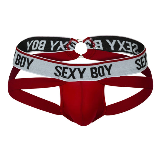Jockstrap rojo con cinturilla "SEXY BOY" y aro metálico frontal.